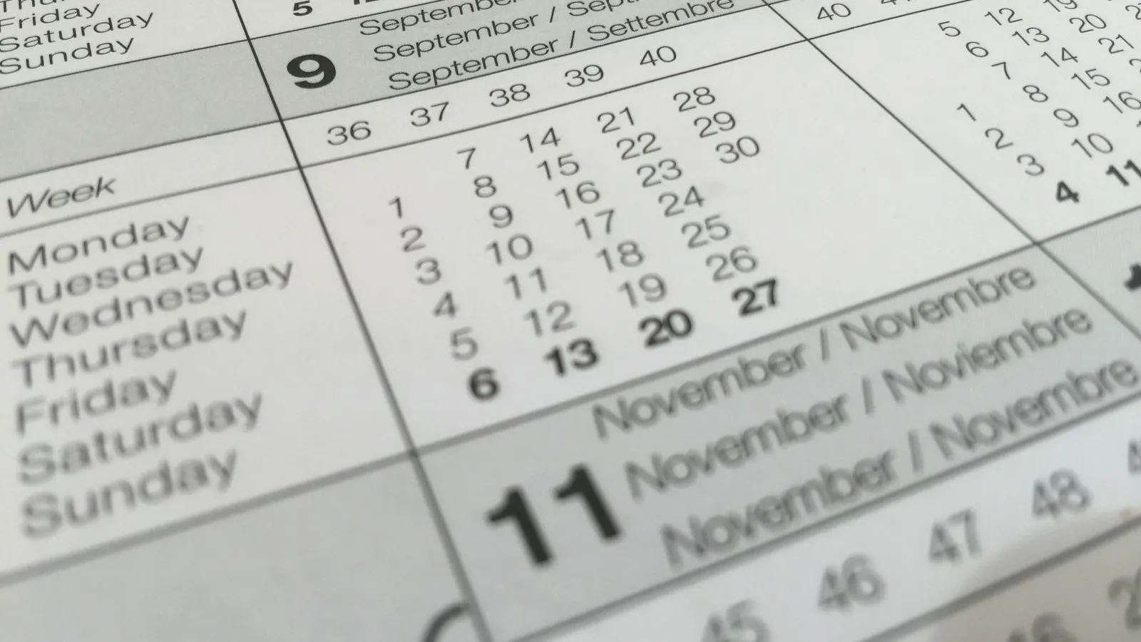 Close-up of a desk calendar with weekdays – scheduling appointments and bookings
